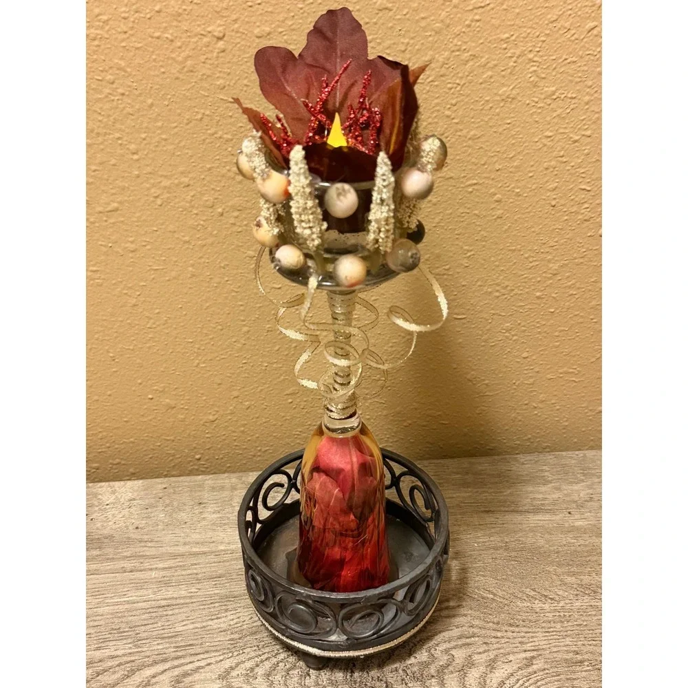 Handmade Whimsical Glass Tea Light Candle Holder Red Autumn Leaf Metal Stand
